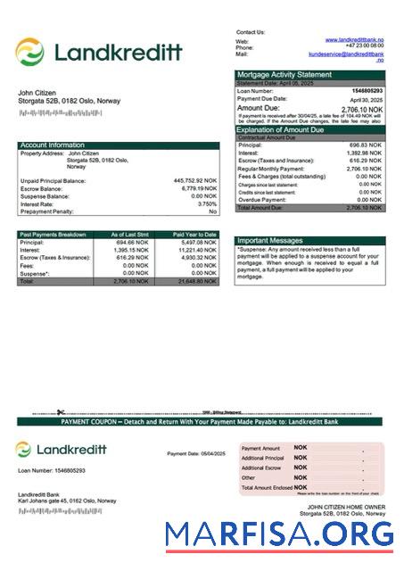 Printable Norway Landkreditt Bank mortgage statement Word and PDF template